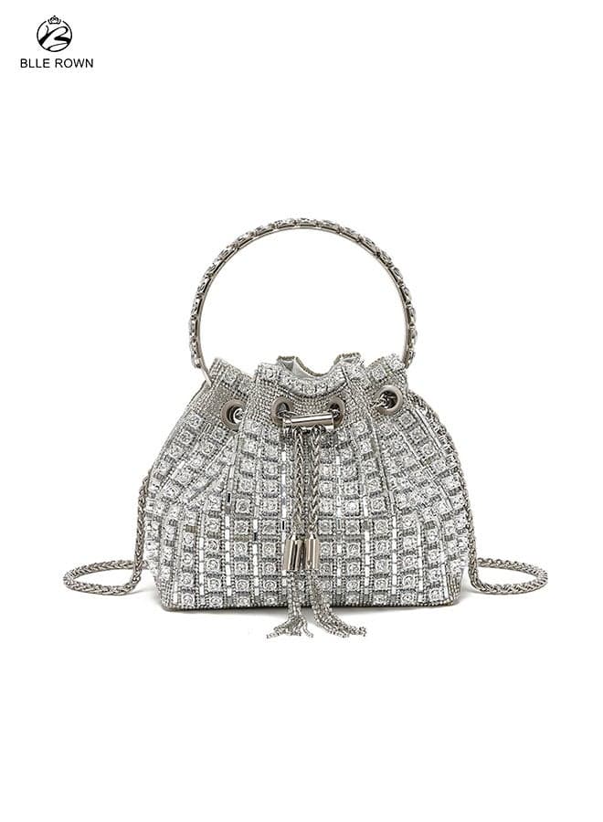 Sparkling Silver Luxury Women Handbag Elegant Diamond Evening Bucket Bag with Chain Fashion Rhinestone Purse Glitter Crossbody Bags for Ladies for Evening Party for Wedding