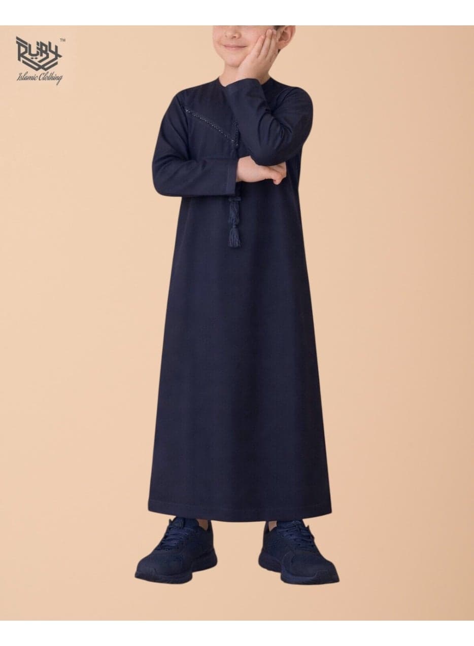 Classic Navy Blue Emirati Thobe kandura for Children & kids with Intricate Embroidery kandura Kaftan Round Neck Long Sleeve Saudi Arabian Muslim Robe