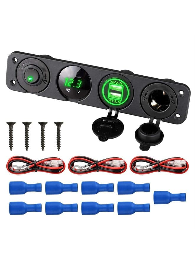 4 in 1 Marine Switch Panel, 12V 4.2A Dual USB Charger Socket Power Outlet & LED Voltmeter & Cigarette Lighter Socket & LED Lighted ON Off Rocker Toggle Switch for Truck Car Marine Boat