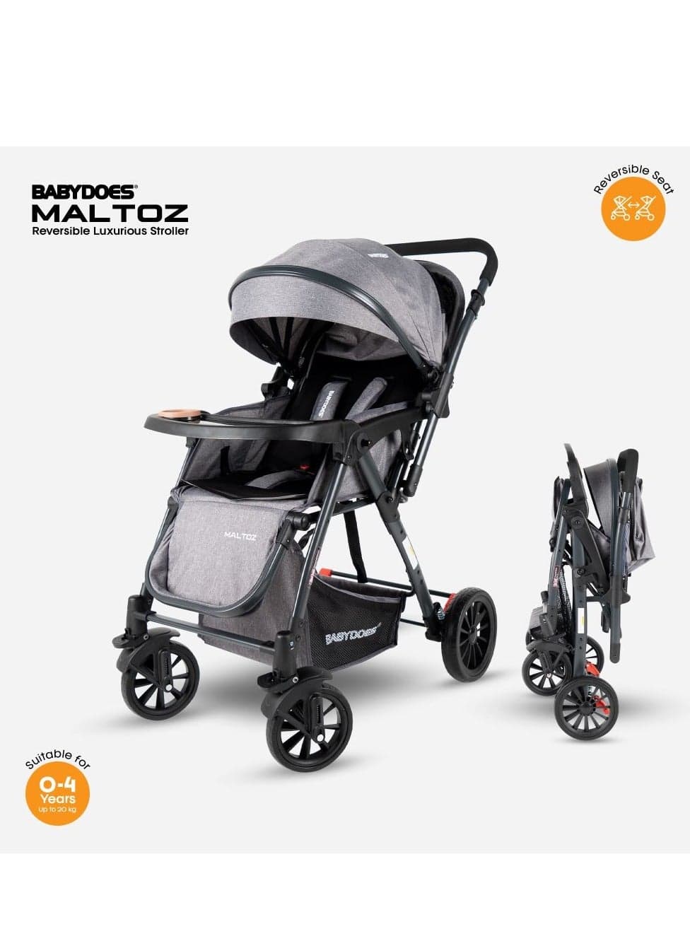 Maltoz - Baby Stroller With Five-Point Harness, Reversible Handle, Adjustable Seat, Large Canopy, One-Click Brake System, 0-4 Years (Up To 20 Kg) - Grey