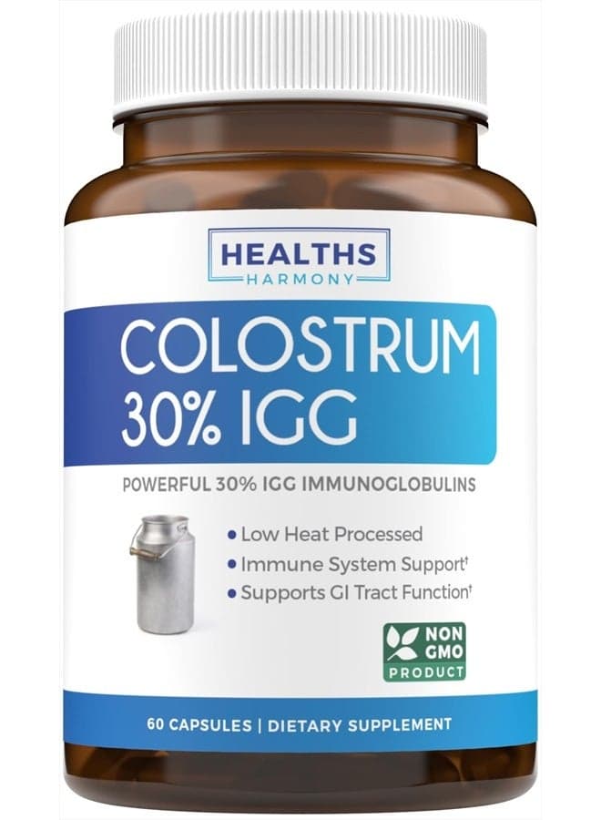 Colostrum 1,000mg (Non-GMO) 30% IgG Immunoglobulins - Immune System Support, Gut Health & Respiratory Health Supplement - Low Heat Processed Bovine Colostrum - 60 Capsules - No Powder or Pills