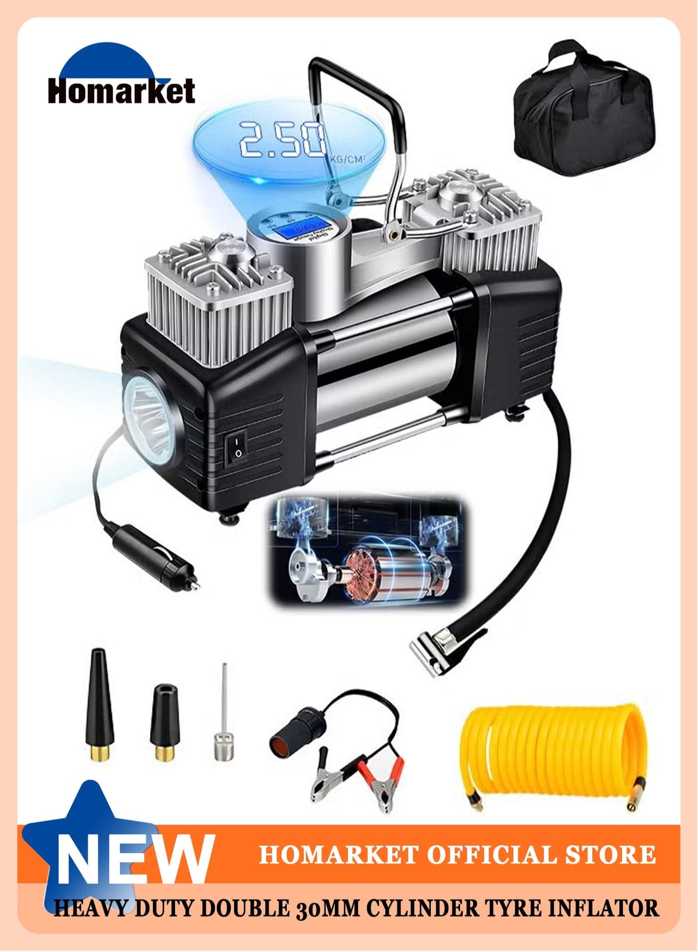 Heavy Duty Double 30mm Cylinder Tyre Inflator , Portable Air Compressor for Car, 150 PSI Tyre Air Pump with LED Light, Digital Pressure Gauge Tire Inflator - Professional for SUV, Off-Road, Trucks