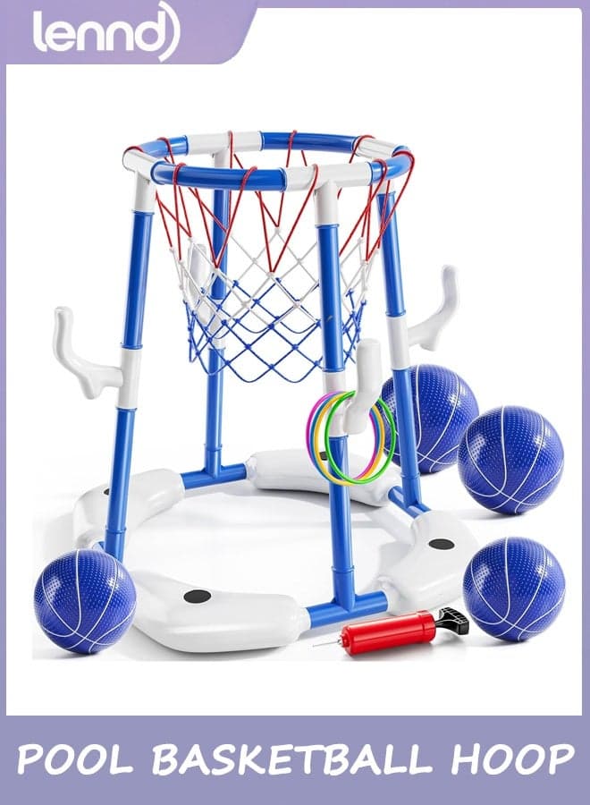 Pool Basketball Hoop, 2-in-1 Floating Pool Toys Ring Game with 4 Balls and Pump, Outdoor Swimming Pool Basketball Games Water Play Toy Family Party for Kids Adults Age 3-12 (Blue)