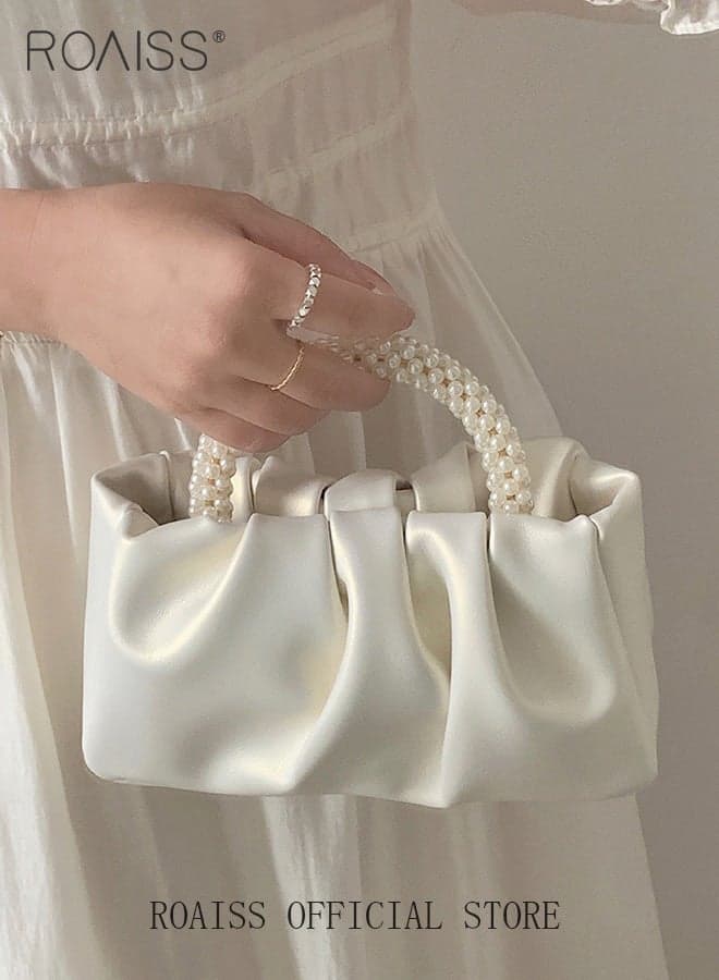 Women Stylish Handbag with Pearl Handle, Plicated Small Bag with Adjustable Strap and Magnetic Buckle, Elegant Chic Crossbody Bag for Ladies, Ideal for Dating, Shopping and Everyday Use
