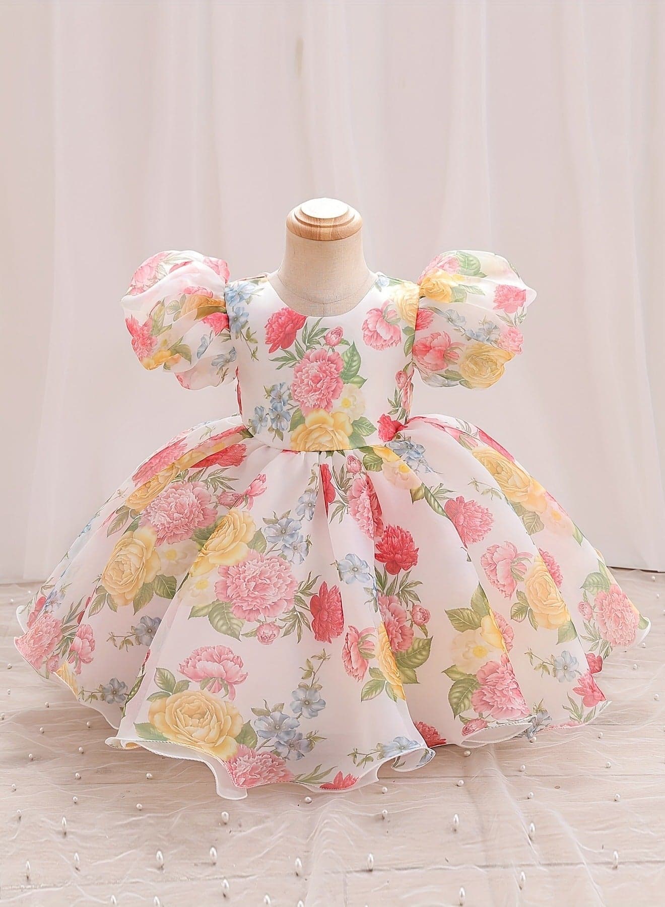 Baby Girl Dress - Puff Sleeve Tulle Party Dress with Elegant Back Bow Detail & Round Neck, Newborn Baby Dress, Baby Gift Set, Girl Dress, Frock for Girls, Newborn Baby Clothes - Multicolor, 90cm (12-18M)