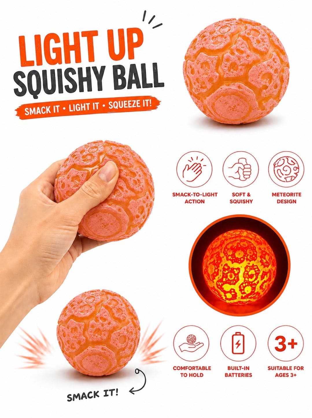 Light Up Squishy Stress Ball, Orange Glow Squeeze Sensory Fidget Toy for Kids & Adults, Soft Stretchy Stress Relief Ball for Relaxation, Focus, Hand Exercise, Office Desk Toy, Birthday Gift, Ages 3+