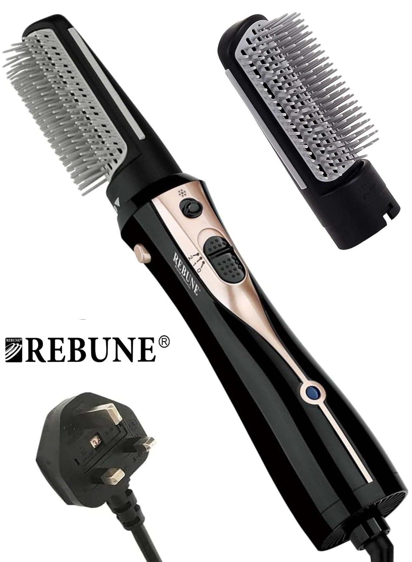 RE-2078-2 1200W Hair Styler 3 In 1 Hot Air Styler One Step Negative Ion Electronic Dryer Hair Straightener & Curler Brush With 2 Attachments Black
