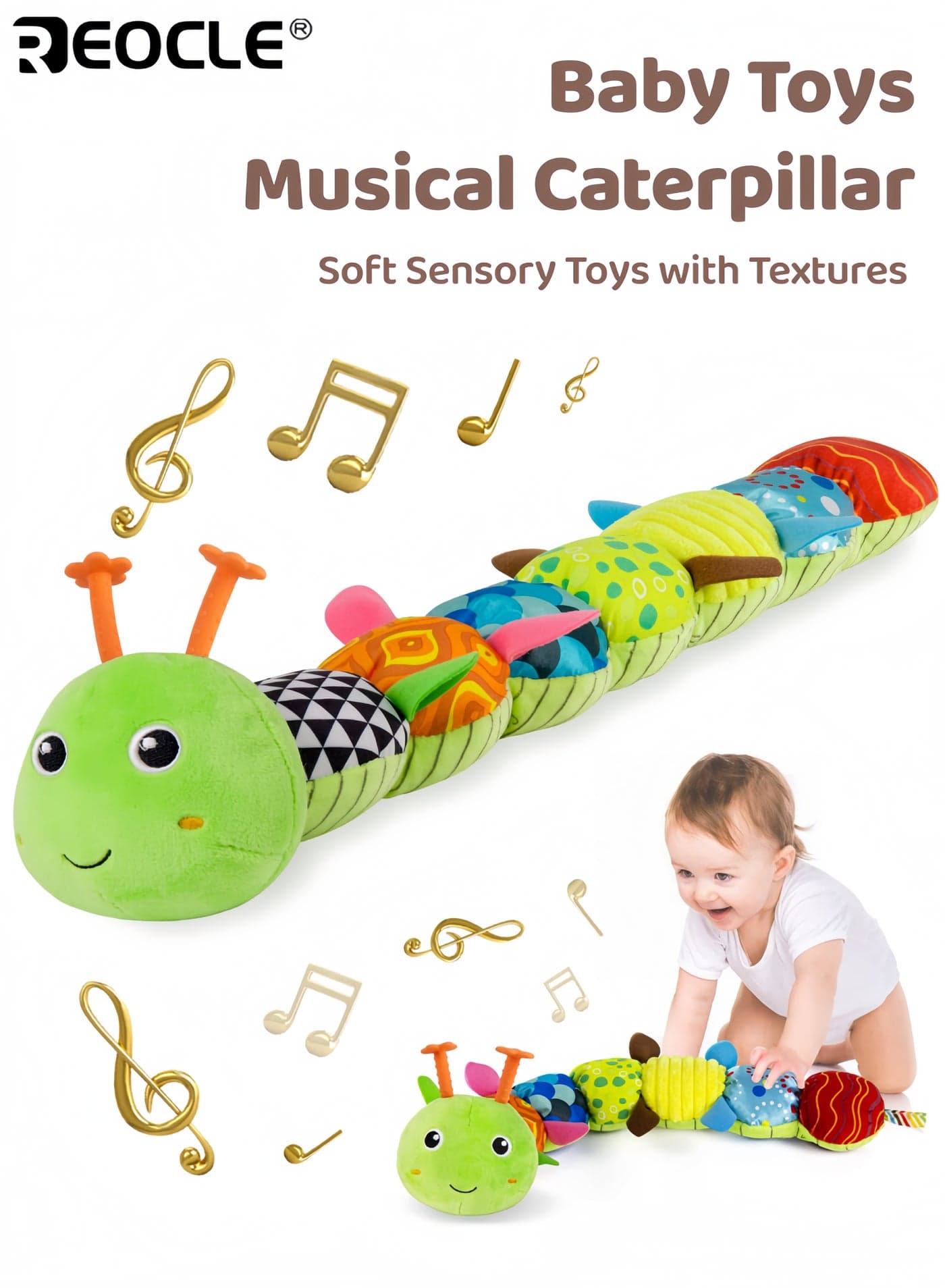 Baby's Musical Caterpillar Toy with Crinkle Sound and Rattle Feature Soft Stuffed Animal with Sensory Textures for Tummy Time Play