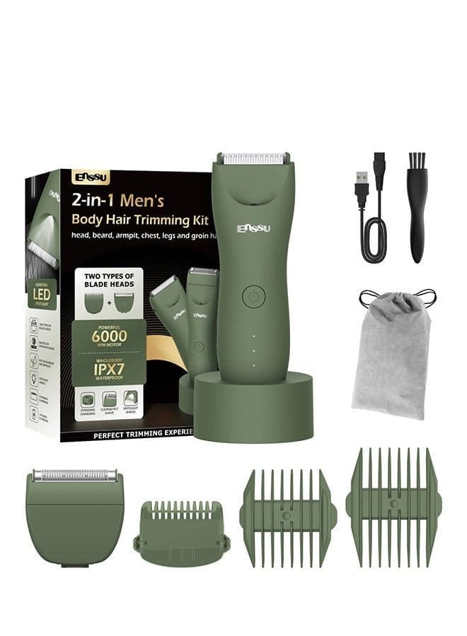 2-in-1 Men's Body Groomer & Foil Shaver Set | IPX7 Waterproof, No-Nick Ceramic Blade | Groin & Body Hair Trimmer (Green)