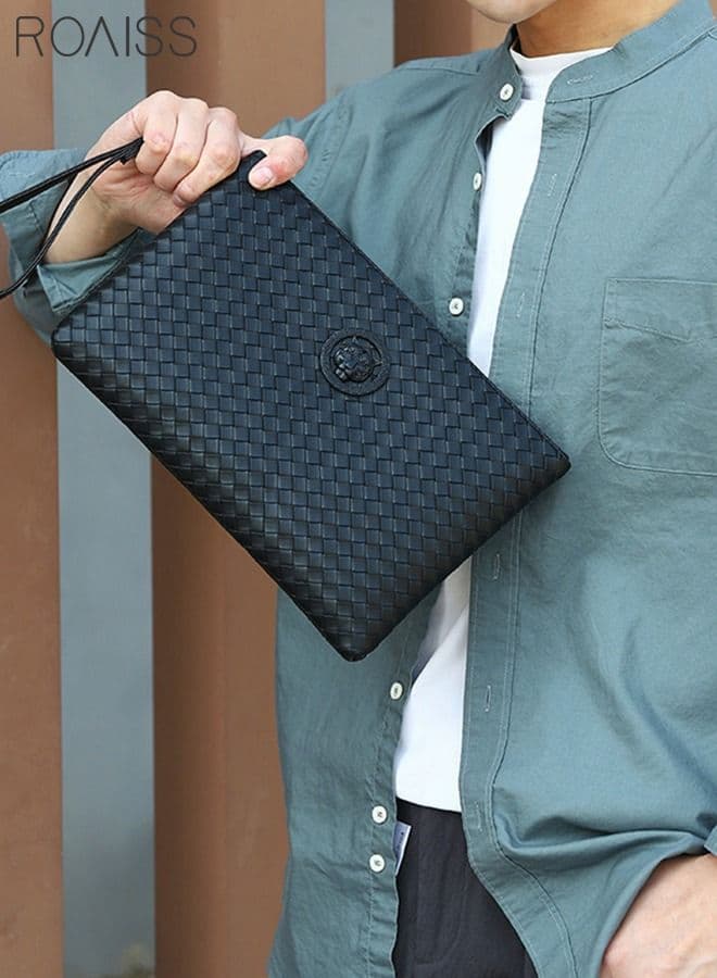 Men's Casual Clutch Bag, Classic Portable Envelope Zipper Bag, Large Capacity Lightweight Wallet, Business Soft Weave Card Holder with Wrist Strap Waterproof for Men Gift, Black