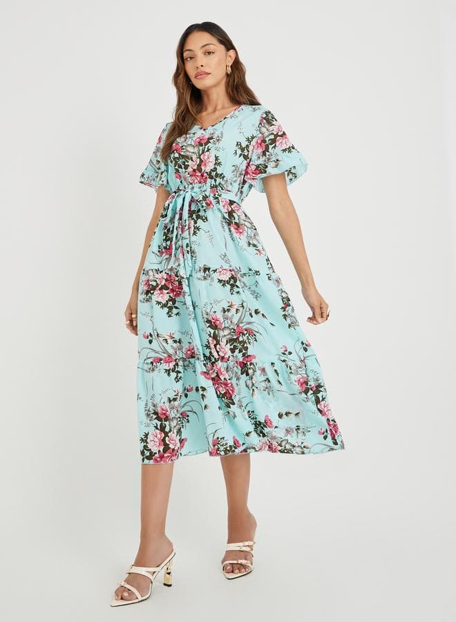 Take Two Women Blue Floral Print Ruffle Trim A-Line Midi Dress with Tie Waist