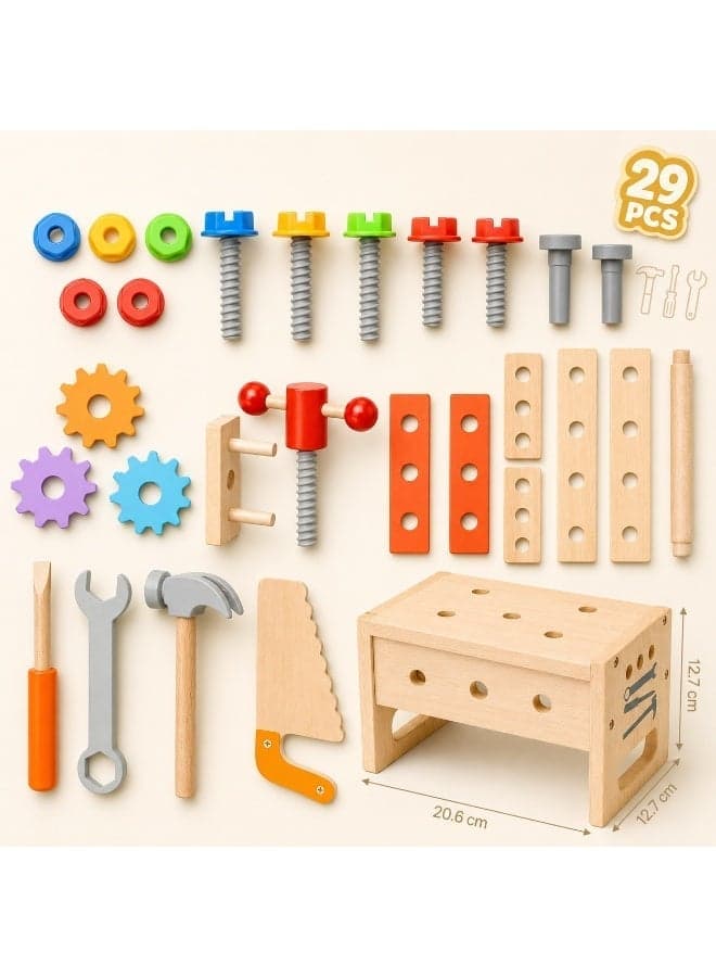 Pretend Play Tool Kit for Kids, Wooden Play Tools Set 29 PCS, Montessori Tool Kit Games Toolbox with Hammer Saw Screwdriver Wrench Gears, DIY Construction Workbench STEM Educational Role Play Toy, Birthday Gift for Toddlers Boys Girls 3 4 5 6 Years Old