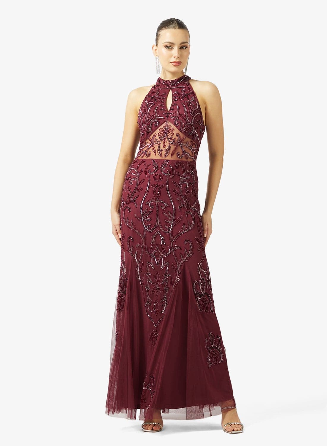 Halter Neck Bead Embellished Evening Dress