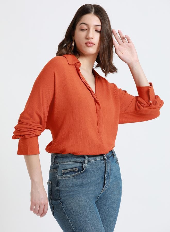 Rust Shirt for Women - Viscose Crepe, Relaxed Fit