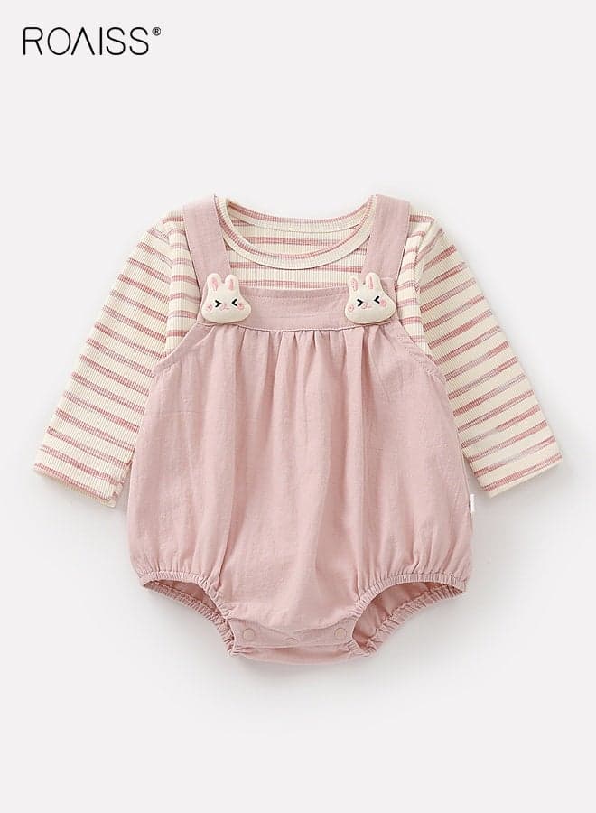 Baby Girls T-shirt and Overalls Set, Stylish Spring and Autumn Outfit with Long Sleeve Striped Top and Rompers, 2 Piece Comortable Clothing Set for Baby Girls, Suitable for Daily Wear and Outdoor Activities