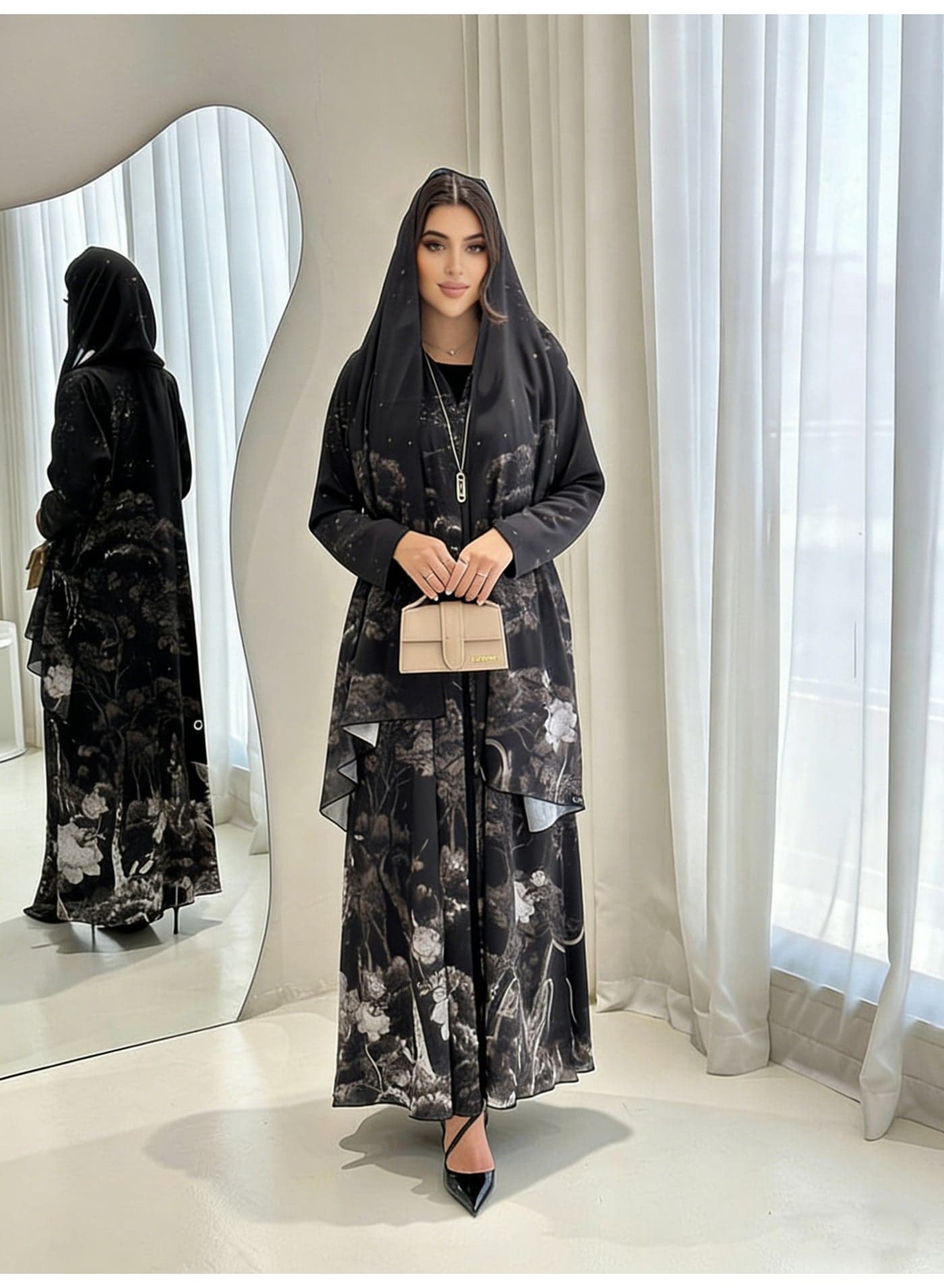 Women's Loose Abaya with Ink Wash Print and Headscarf
