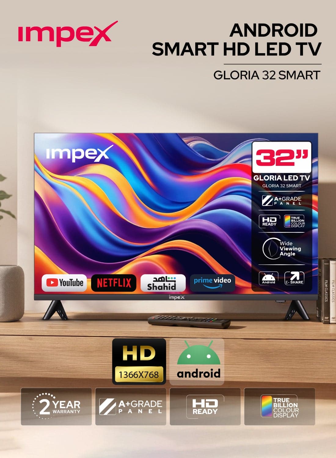 32 Inch HD Smart LED TV - HD 1366 x 768 Resolution, Latest Android Television, Quad Core, Frameless, A+ Panel, Android TV with Wi-Fi, 2 HDMI, 2 USB, VGA, RJ45, 178° View, Slim Design, Netflix, YouTube, 2 Year Warranty - Gloria 32 Smart IX 32HD SMART IX 32HD SMART Black