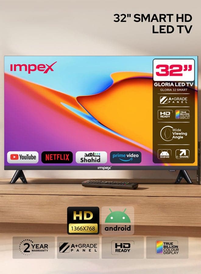 32 Inch HD Smart LED TV - HD 1366 x 768 Resolution, Latest Android Television, Quad Core, Frameless, A+ Panel, Android TV with Wi-Fi, 3 HDMI Ports , 2 USB, VGA, RJ45, 178° View, Slim Design, Netflix, YouTube, 2 Year Warranty - Gloria 32 Smart IX 32HD SMART IX 32HD SMART Black