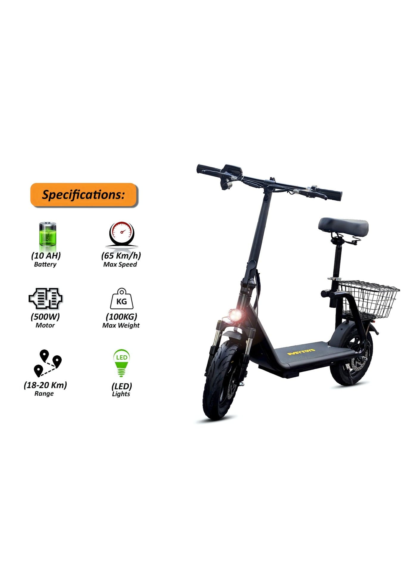 Mytoys MT756 Electric scooter 500W Brushless Motor, 65KM/H Max Speed,36V 10AH Battery, 30-35KM Range, Foldable Design Electric Scooter, 12†Off-Road Rubber Tires, Front Suspension, Dual Disc Brakes, LED Headlamp, Rear Luggage Tray – MT756