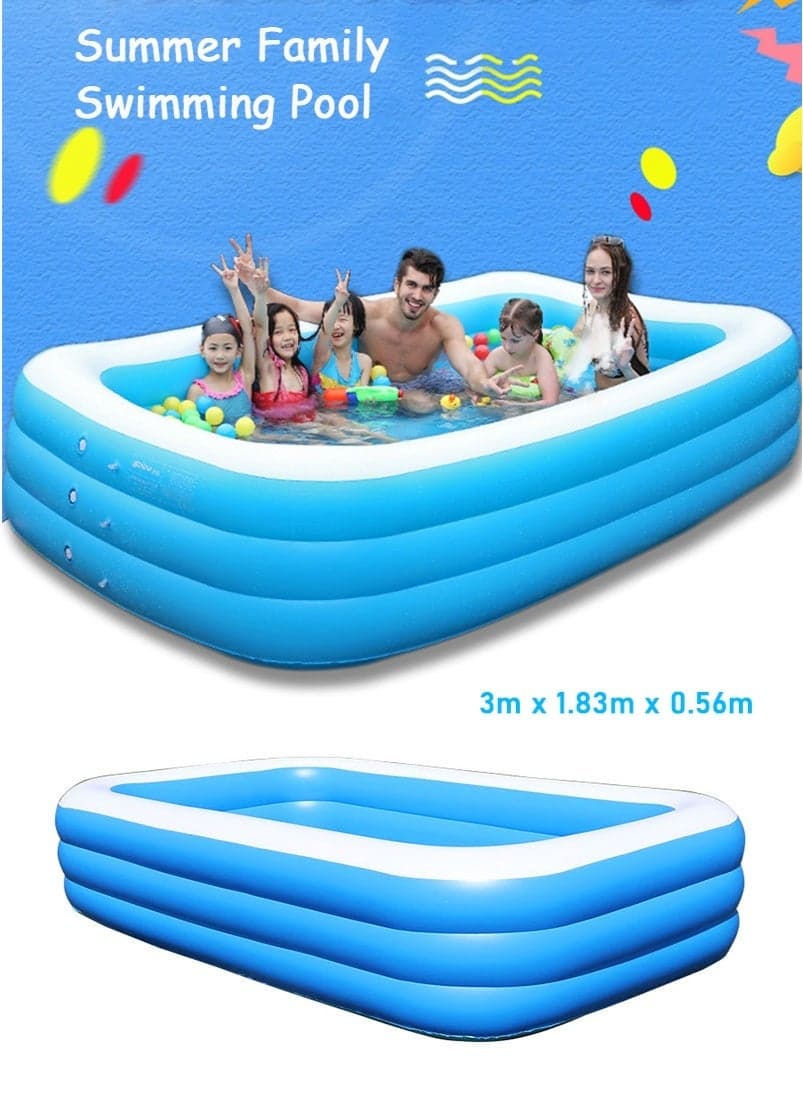 305x183x56cm Large Family Inflatable Swimming Pool, 3-Layer Rectangle Shape Thickened Durable Family Lounge Pool, Indoor Entertainment and Outdoor Activities Party Toys for Adults and Kids, Suitable for 1-8 People