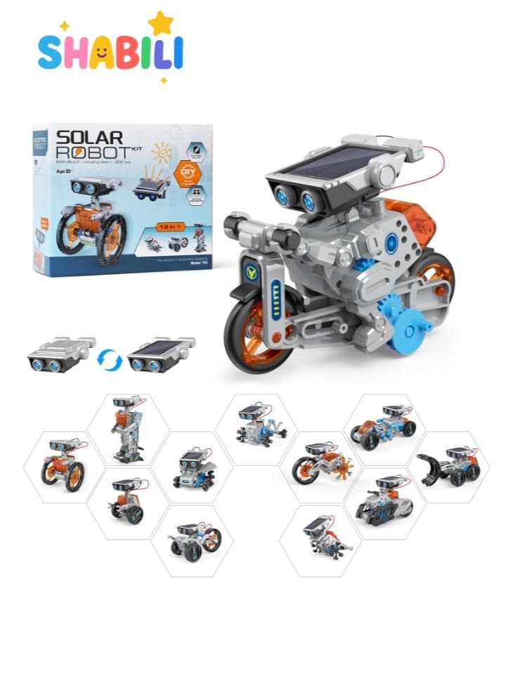 12-in-1 Solar & Type-C Rechargeable STEM Robot Kit for Kids 8-16, DIY Educational Building Toys 202PCS, Science Engineering Robotics Kit for Boys & Girls, Solar Powered + Battery Module, School Project Toy, Birthday/Christmas Gifts