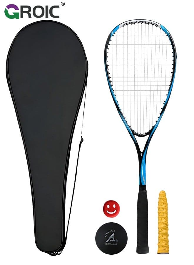 1 Pack Squash Racket Set for Adults, 27 Inch Squash Racket Tennis Racket for Beginner and Professional with 1 Squash Balls, 1 Vibration Damper, 1 Handles Grips, 1 Tennis Bag