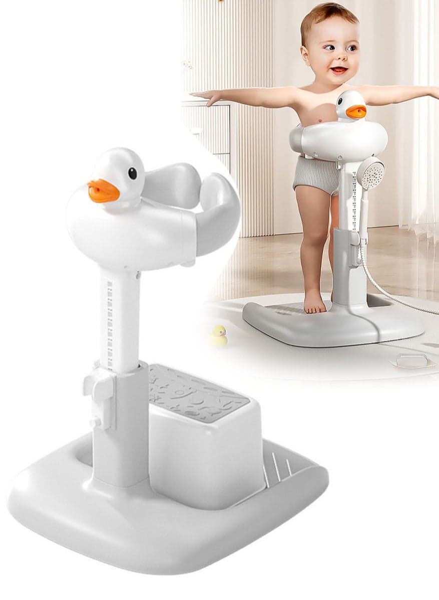 Baby Shower Stand with Small Stool, Adjustable Height Duck Bathing Station with Non-slip Base, Portable Bathing Assistant, Smart Water Flow Hug Tower Bath Shower Stand, Hugable Bear Bathing Stand for Infants and Toddlers