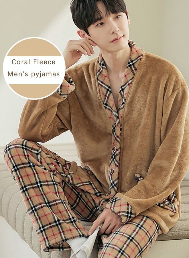 Couple Pajamas Set Long Sleeves Plaid Pattern Sleepwear for Men and Women Coral Fleece Loungewear Autumn and Winter Warm Home Clothes Gift for Boyfriend Girlfriend Husband Wife