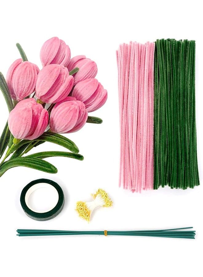 Tulip Pipe Cleaners for Craft, 30cm Green and Pink Pipe Cleaners, Fuzzy Sticks Craft Supplies, Chenille Stems with Flower Pole, Flower Core & Gardening Tape, Arts & Crafts for DIY(8 Flowers)