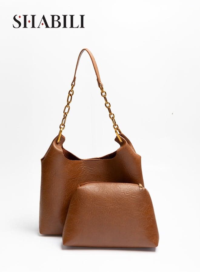 Women Large-Capacity PU Leather Ladies Bag Shoulder Bag Tote Bags Clutch Bag, Ladies Retro Bucket Shape Cross Small Bag for Student Teen Youth Daily Casual Party Travel (BROWN)