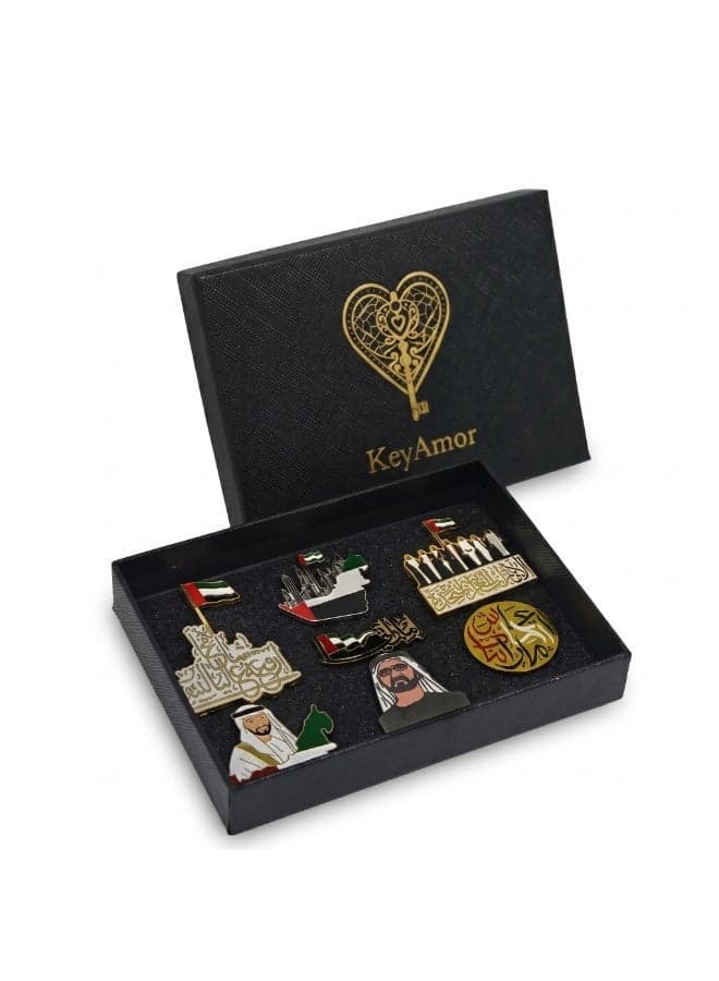 KeyAmor 7-Pack UAE National Day Metal Badge Stickers – Sheikh Zayed Souvenir Set – 2D Phone Stickers & Patriotic Decoration – Emirates Gift Collection