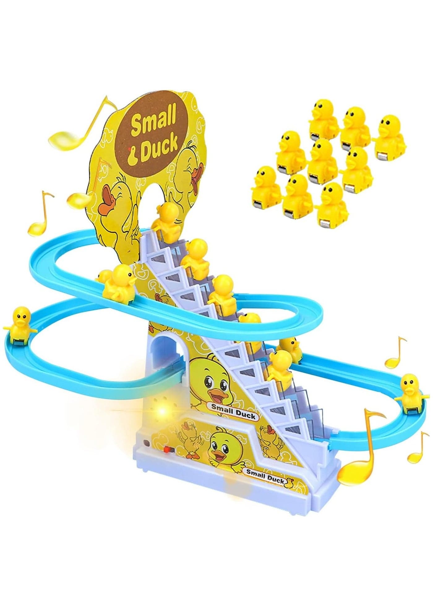 Small Duck Climbing Stairs Toy Electric Duck Roller Coaster Toy Set With LED Flashing Lights and Music Duck Track Slide Toy Race Track Set for Kids Children 9Pcs Ducks
