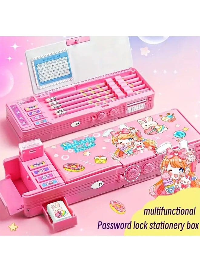 Stationery Box with Password Lock, Multifunctional Pencil Case with Sharpener,Password Lock Schedule, Whiteboard