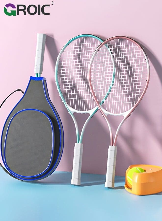27" Tennis Rackets Set - 2 Tennis Racket, 1 Ball with Rope, 1 Trainer Base and 1 Tennis Bag, Tennis Trainer Tennis Practice Tennis Training Equipment Kit Ideal for Beginner/Intermediate Players