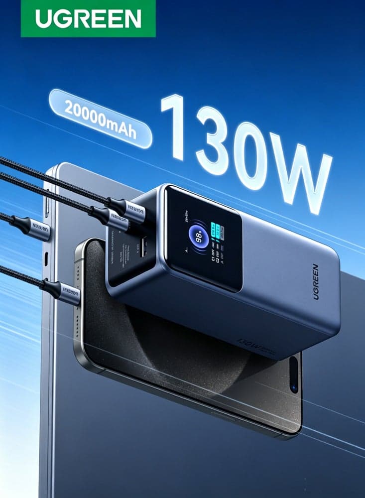 20000 mAh Nexode 20000mAh 130W Power Bank PD Fast Charging, 2 USB-C and 1 USB-A Portable Charger, Smart Digital Display Battery Pack for Galaxy S25U, MacBook, iPad Pro, iPhone 17 Series, etc 20000 130W TFT Display