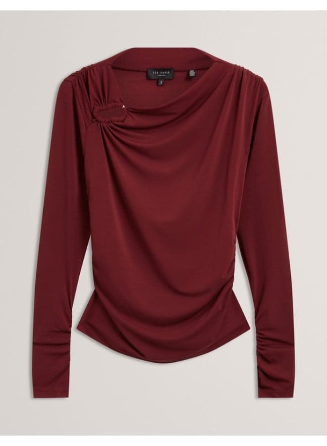Long Sleeve Ruched Top With Metal Detail