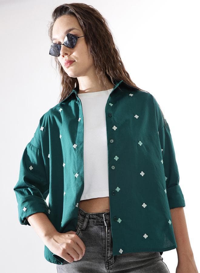 Women'S Deep Teal Poplin Embroidered Button Down Oversized Shirt