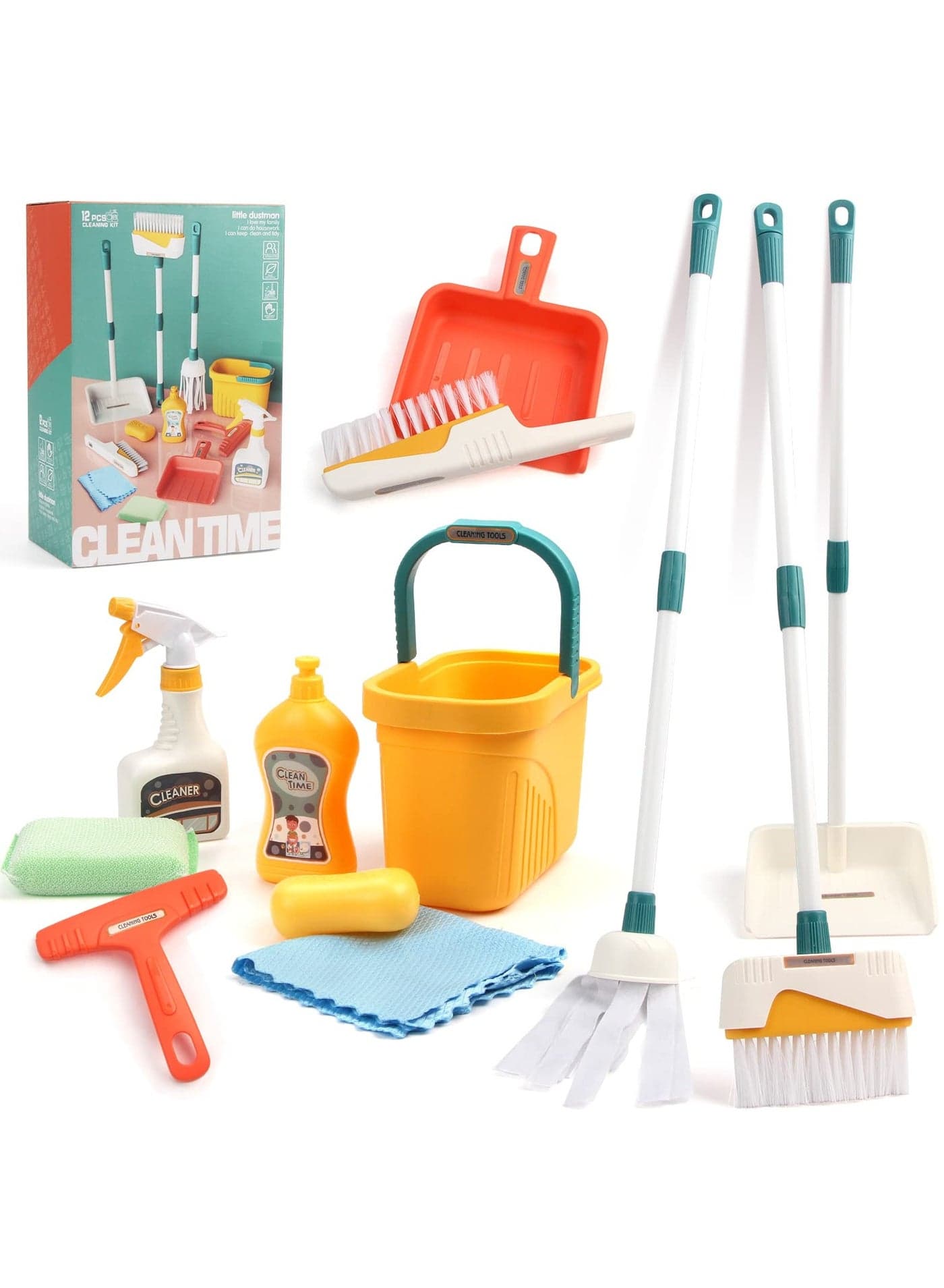 Kids Cleaning Set 12 Piece, Toy Cleaning Set Includes Broom, Dustpan, Mop, Brush, Spray, Scraper, Bucket, Sponge and More, Pretend Play Housekeeping Kit for Toddlers