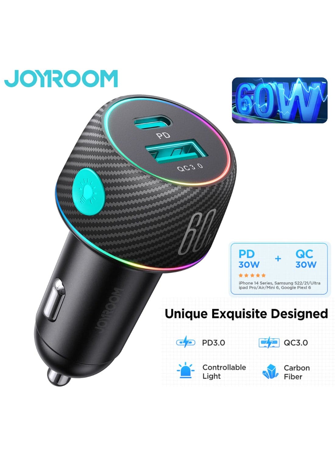 60W Fast Charging Car Charger with PD & QC 3.0 – Dual Port Fast Charging, Carbon Fibre, 7-Color LED Light, Smart Safety Chip, (iPhone 70% in 30 Mins) | For iPhone 16 and Below, Samsung S25 and Below, Huawei & More | Over Heat Protection Black