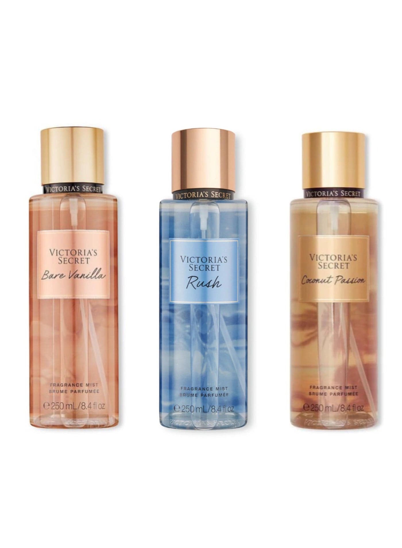 Pack of Three Combo Body mist Bare vanilla, Rush and Coconut passion 250x3 total 750ml