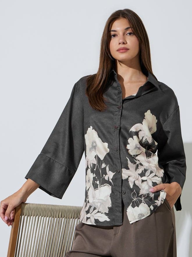 Styli Charcoal Floral Print 3/4 Sleeve Shirt