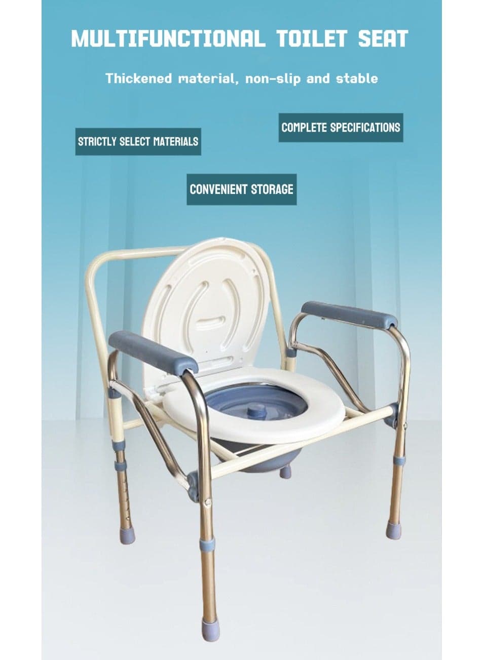 4-in-1 Multifunctional Mobile Toilet Chair | Reinforced Steel Tube Supports 180kg | 5 Adjustable Heights + Anti-Slip Wheels | Foldable Shower/Toilet/Walking Aid Wheelchair (Elderly/Pregnant/Disabled)