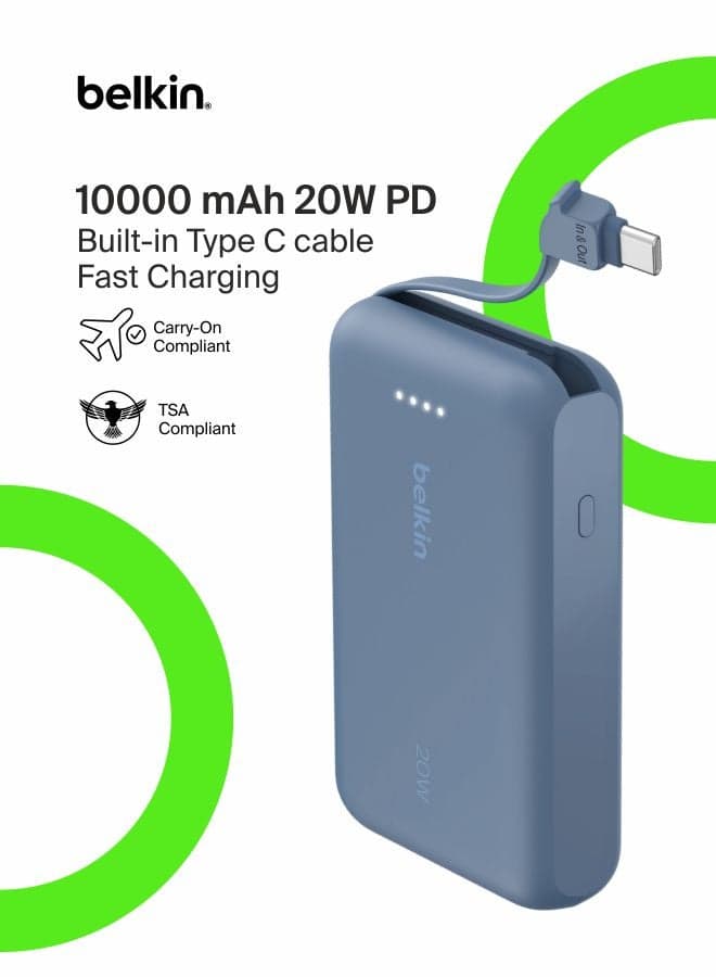 10000 mAh BoostCharge power bank 10000mAh, portable power bank with integrated cable PD 20W, fast charge USB-C power delivery, power bank fast charging for iPhone 16 series, iPad Pro, Galaxy S24 and more Blue