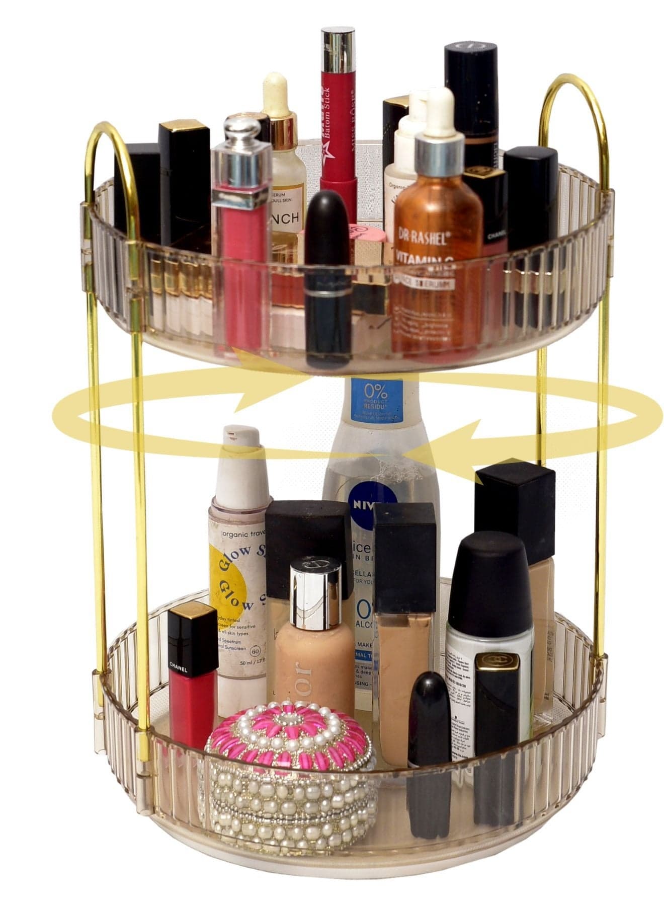 Makeup Organizer and Perfume Stand, Luxury Acrylic Make Up Organizer, Lazy Susan 360° Rotating Skincare Organizer, Showcase Your Cosmetic Collection with 2 Tier Gold Makeup Stand 32x23x23cm