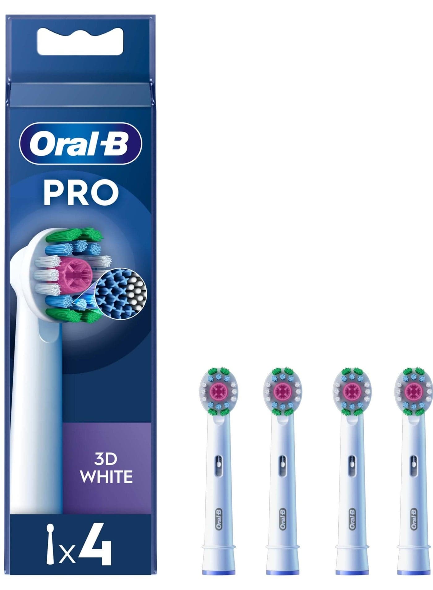 Oral-B 3D White Electric Toothbrush Head with CleanMaximiser Technology, Angled Bristles for Deeper Plaque Removal - Pack of 4 - White