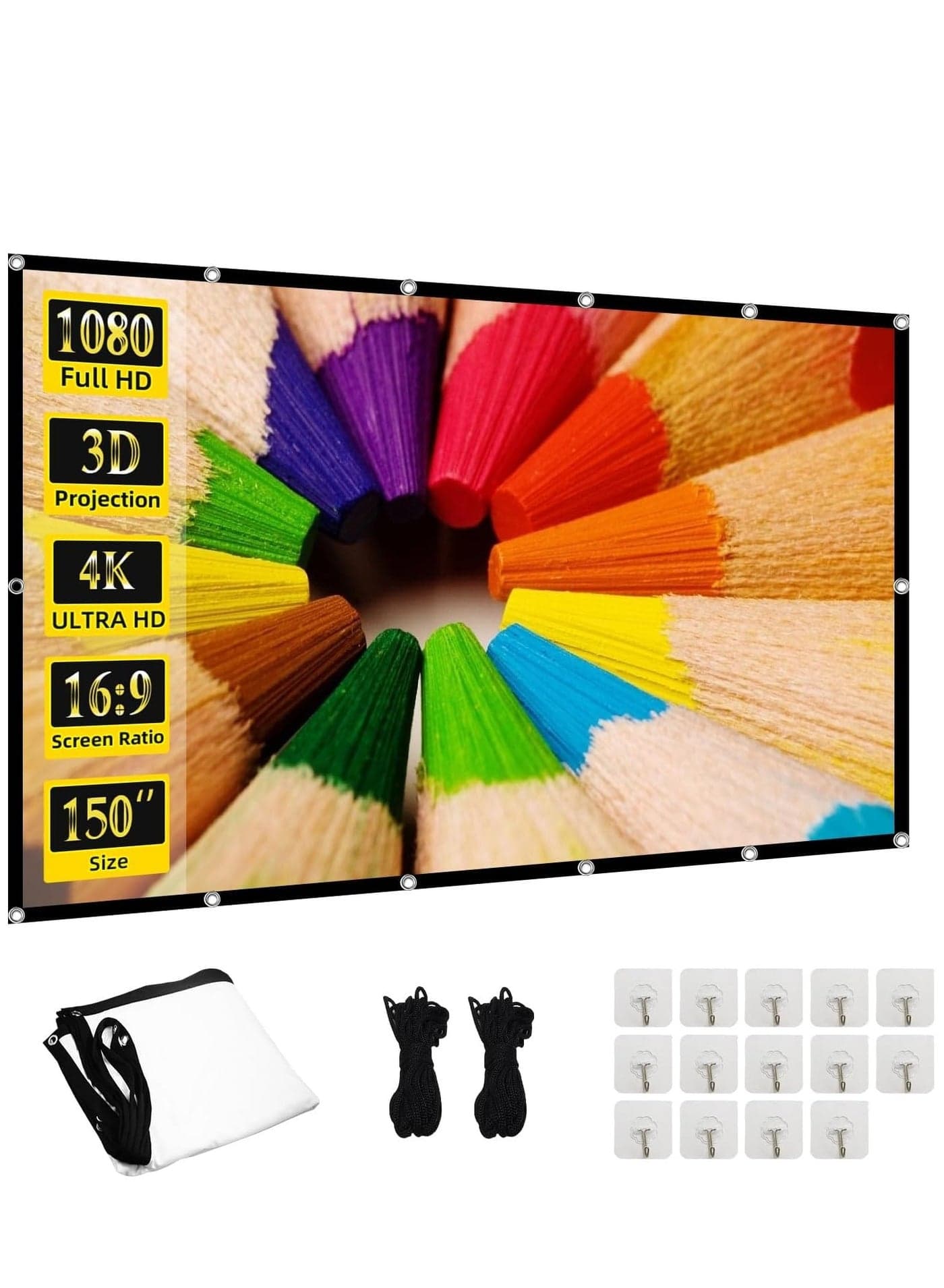 Portable 150 inch Projector Screen Foldable 16:9 HD 4K Movie Anti-Light Projection Screen for Indoor Outdoor Home Theater Office