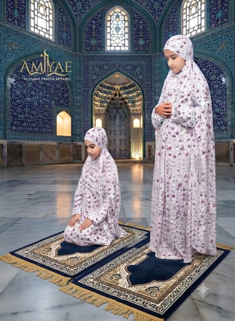 Girls' Prayer Set with Hijab – Modest Prayer Outfit for Girls with Floral Print | Girls' Jilbab for Prayer