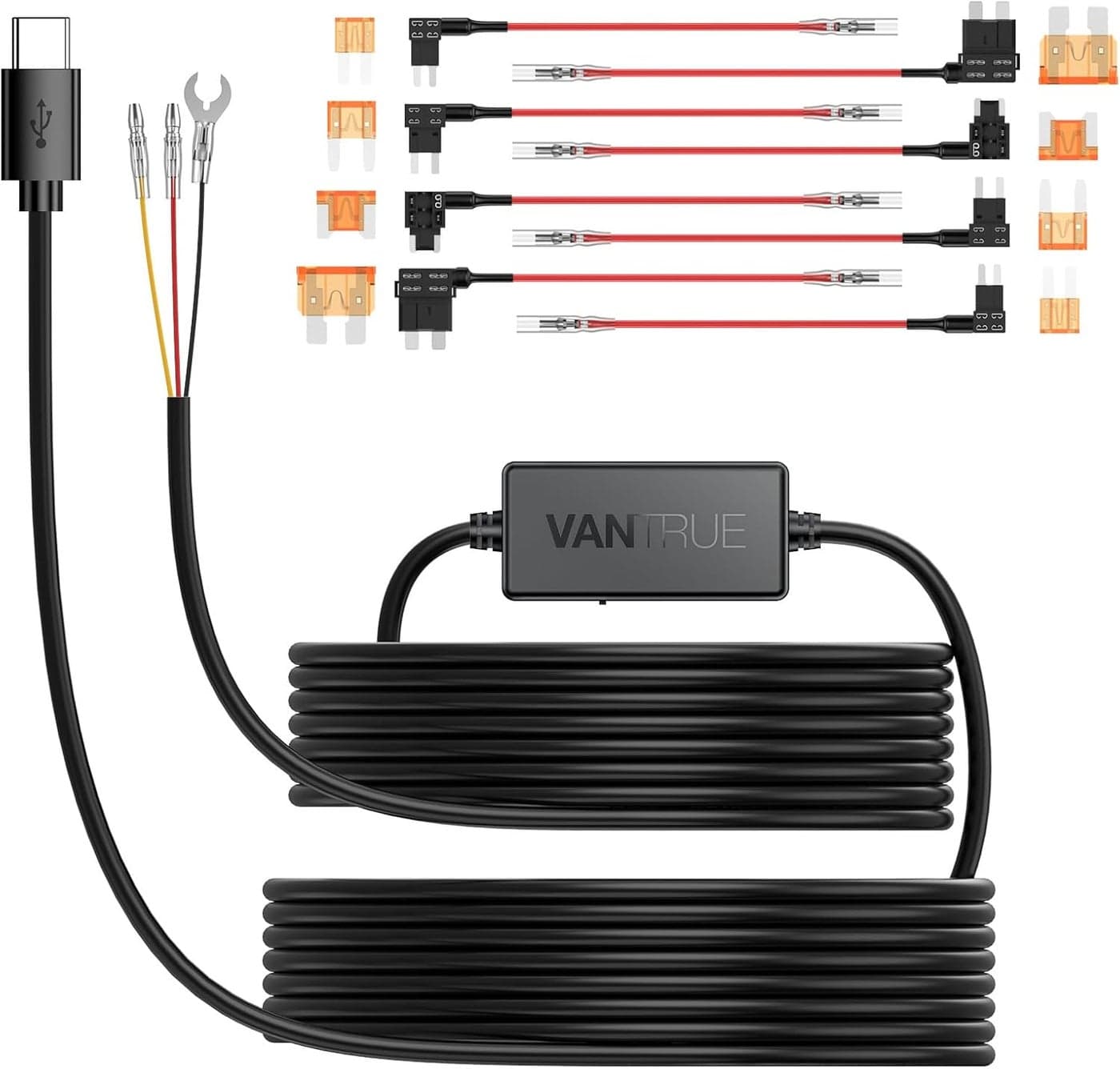 Vantrue 11.5ft Type C USB 12V 24V to 5V Dash Cam Hardwire Kit with Add a Circuit Fuses, Low Voltage Protection for N4, N4 Pro, N5, E1, E1 Lite, E2, E3, S1 Pro, N1 Pro(2023)