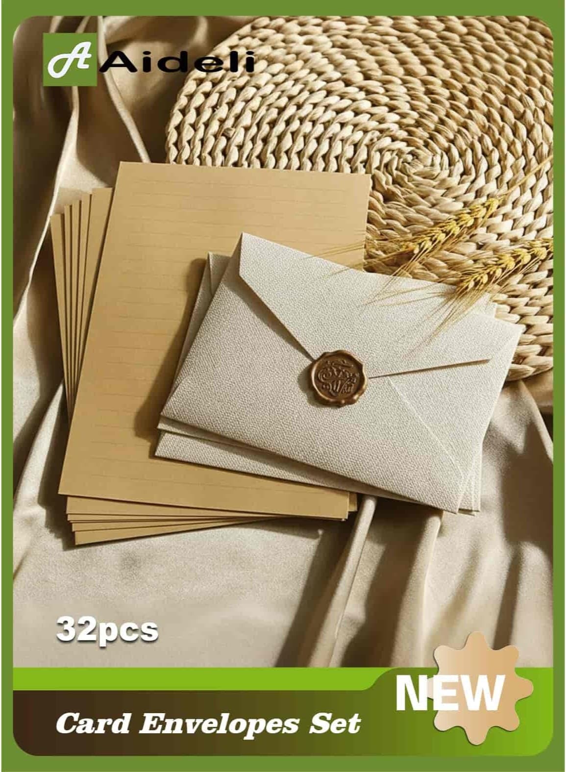 Greeting Card Envelopes 32PCS Vintage Letter Writing Set – 6 Envelopes + 20 Writing Papers + 6 Wax Seal Stickers for Letters, Invitations, Weddings, Gifts Artistic Craft (Linen White)