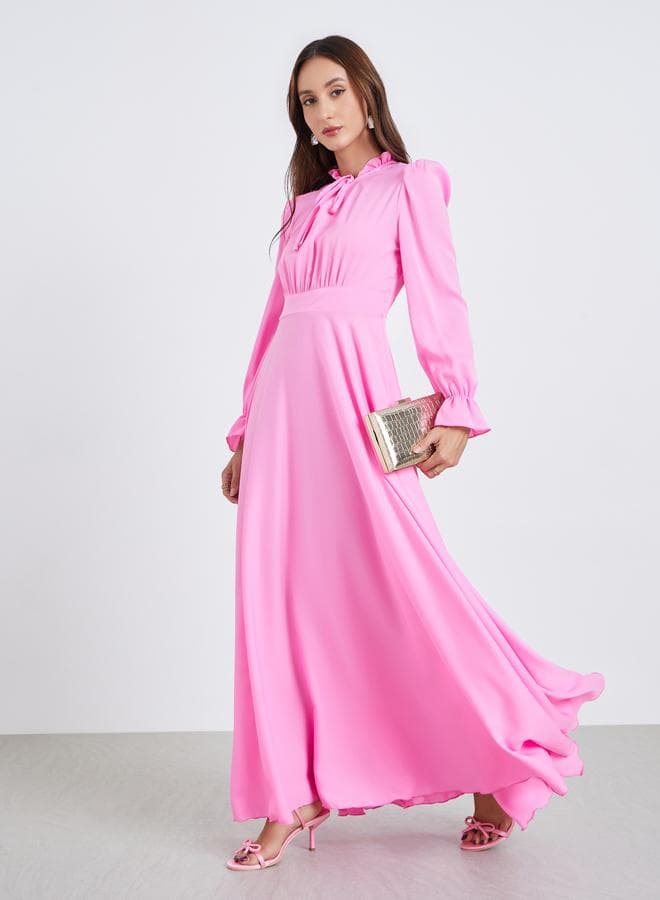 Women Pink Tie-up Neck Pleated Maxi Dress